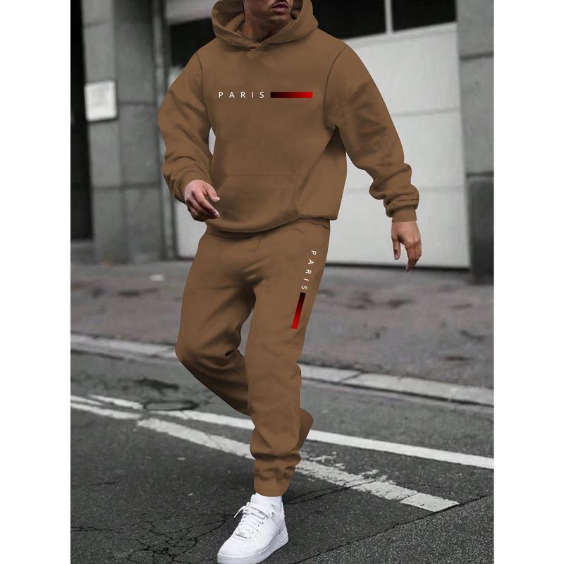 Sporty Elegance, Men's Casual Printed Hoodie & Drawstring Sweatpants Set - Polyester, Machine Washable, Long Sleeve, Fall Winter Fashion