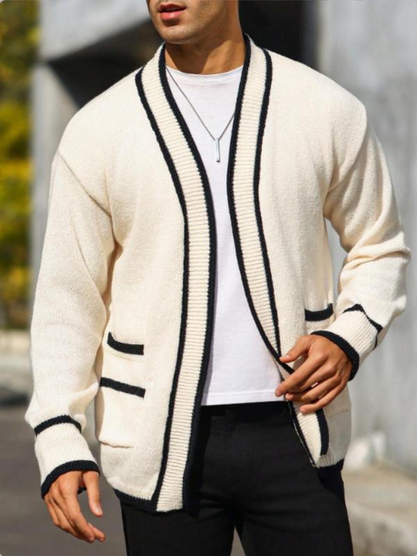 Men's Contrast Binding Pocket Cardigan, Regular Fit Casual Long Sleeve Open Front Knitwear for Fall & Winter, Men's Knit Clothing for Daily Wear