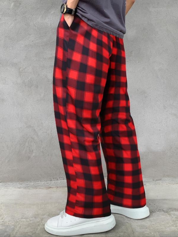 Men's Plaid Print Drawstring Waist Straight Leg Pants, Loose Casual Comfy Pocket Elastic Waist Trousers for Spring & Summer, Men's Bottoms for Daily Wear