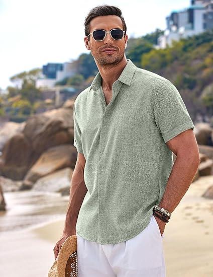 COOFANDY Summer Clearance Men's Linen Shirts Short Sleeve Casual Shirts Button Down Shirt for Men Beach Summer Wedding Shirt Menswear Fashion