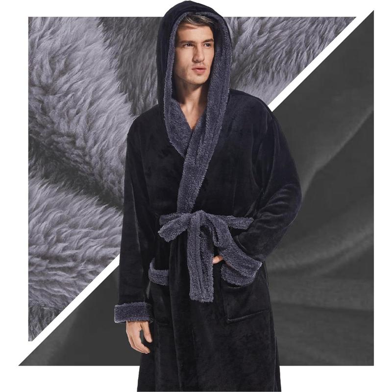 Mens Hooded Robe, Plush Long Bath robes Cozy Warm Bathrobe Fuzzy male Spa Robe With Pockets