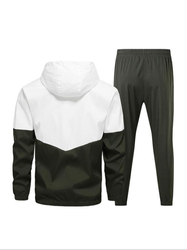 Men's Colorblock Zip Up Pocket Hooded Jacket & Drawstring Waist Pants Two-piece Set, Regular Fit Casual Long Sleeve Drawstring Hooded Outerwear & Pocket Trousers for Fall & Winter, Men's Two-piece Outfits for Daily Wear