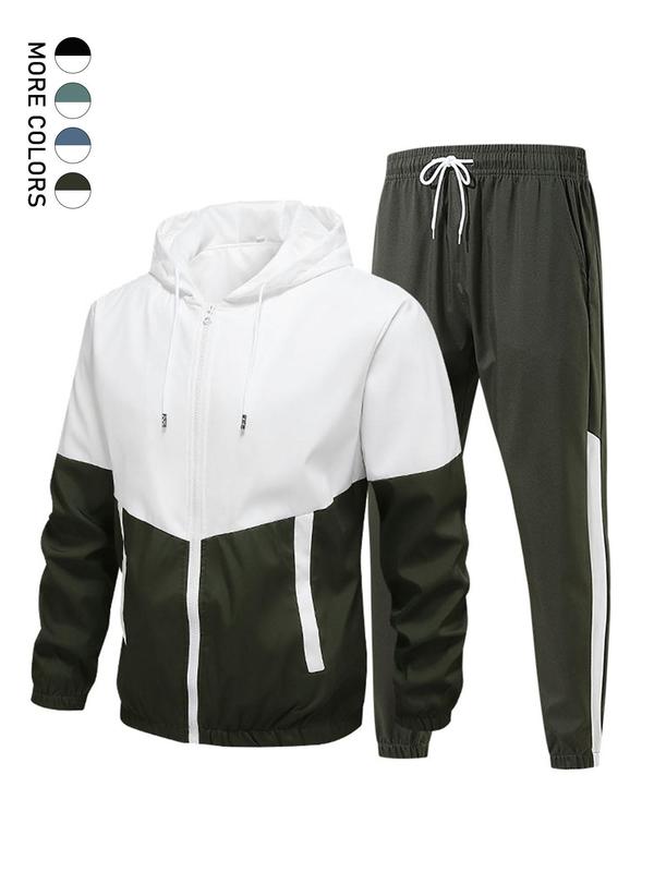 Men's Colorblock Zip Up Pocket Hooded Jacket & Drawstring Waist Pants Two-piece Set, Regular Fit Casual Long Sleeve Drawstring Hooded Outerwear & Pocket Trousers for Fall & Winter, Men's Two-piece Outfits for Daily Wear