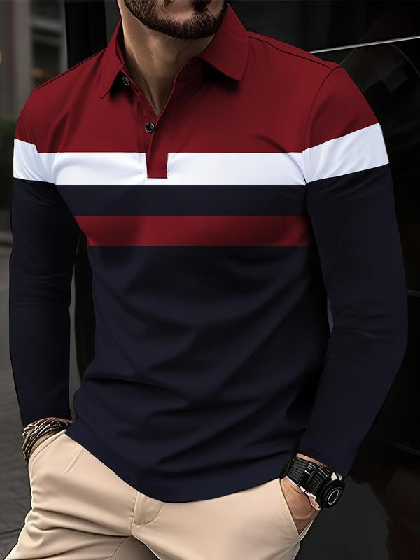 Men's Patchwork Print Polo Shirt, Regular Fit Casual Long Sleeve Collared Top for Fall & Winter, Men's Clothes for Daily Wear