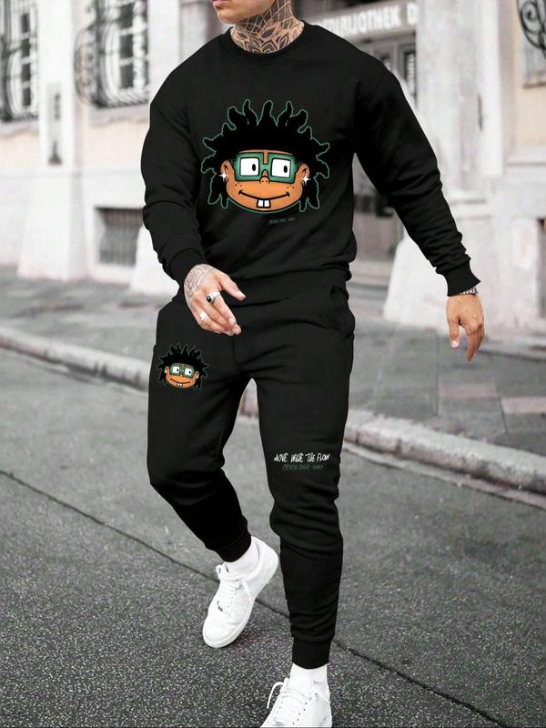 Men's Cartoon Print Sweatshirt & Pocket Sweatpants Set, Regular Fit Casual Long Sleeve Round Neck Pullover & Jogger Pants, Men's Fall & Winter Clothes