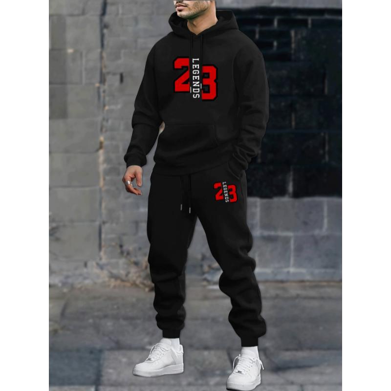 2Pcs Legends Print Loose Fit Comfy Sweatsuit Set - Men's Casual Hoodie and Matching Sweatpants Outfit for Relaxation - Soft, Breathable, and Cozy Fabric Menswear