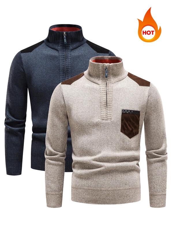 Men's Patchwork Print Half Zip Mock Neck Sweater Pullover, Regular Fit Casual Long Sleeve Jumper for Fall & Winter, Men's Knitwear for Daily Wear