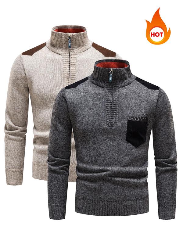 Men's Patchwork Print Half Zip Mock Neck Sweater Pullover, Regular Fit Casual Long Sleeve Jumper for Fall & Winter, Men's Knitwear for Daily Wear