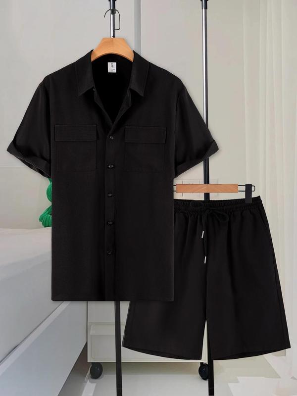 2 Piece Set Men's Solid Button Front Shirt & Drawstring Waist Shorts Set, Regular Fit Short Sleeve Collared Shirt & Shorts, Men's Summer Two-piece Outfits