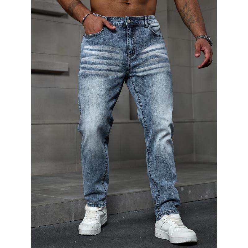 High-Stretch Plus Size Men's Stretch Denim Jeans - Casual, Machine Washable, Solid Color with Snowflake Detail