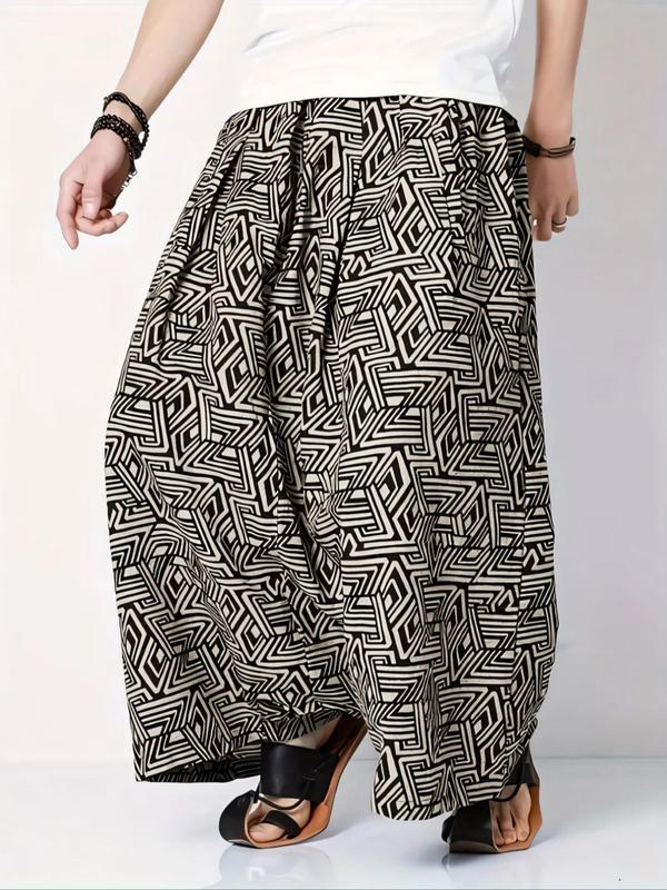  Geometric Print Drawstring Waist Harem Pants, Casual Comfy Pocket Wide Leg Trousers for Daily Wear, Men's Bottoms for All Seasons