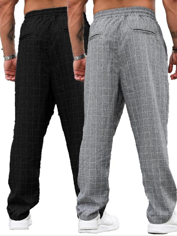  Plaid Print Drawstring Waist Pants, Casual Comfy Pocket Trousers for Daily Wear, Men's Bottoms for All Seasons