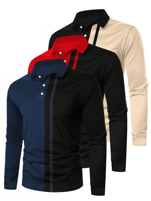 Men's Patchwork Long Sleeve Polo Shirt, Casual Regular Fit Half Button Front Collared Top for Spring & Fall,  Polo Shirts Men, Polo Tees, Men's Clothes for Daily Wear