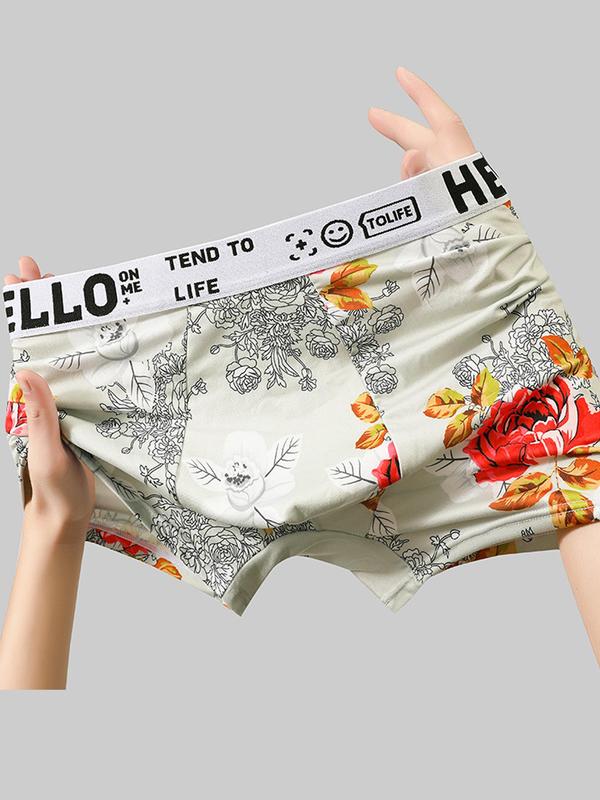 Men's Floral Print Letter Tape Boxer Brief, Breathable Comfy Underwear for Daily Wear, Casual Men's Underwear for All Seasons