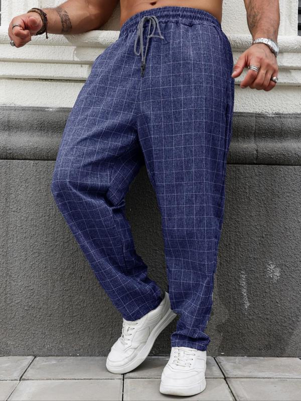  Plaid Print Drawstring Waist Pants, Casual Comfy Pocket Trousers for Daily Wear, Men's Bottoms for All Seasons