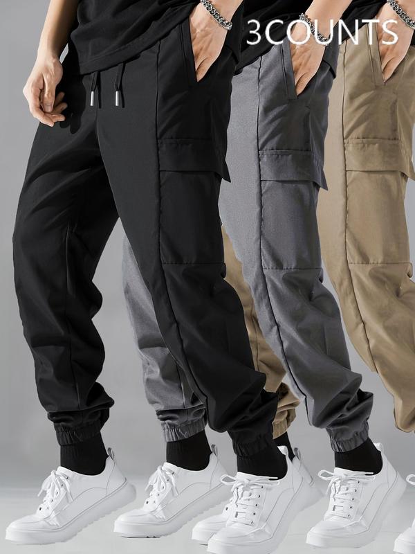 Men's Solid Drawstring Waist Cargo Pants, Regular Fit Casual Pocket Trousers for Spring & Fall, Men's Bottoms for Daily Wear, Fall Outfits, Fallfreshness, Fall Clothing