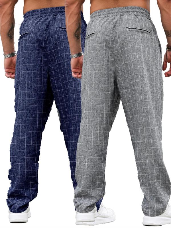  Plaid Print Drawstring Waist Pants, Casual Comfy Pocket Trousers for Daily Wear, Men's Bottoms for All Seasons