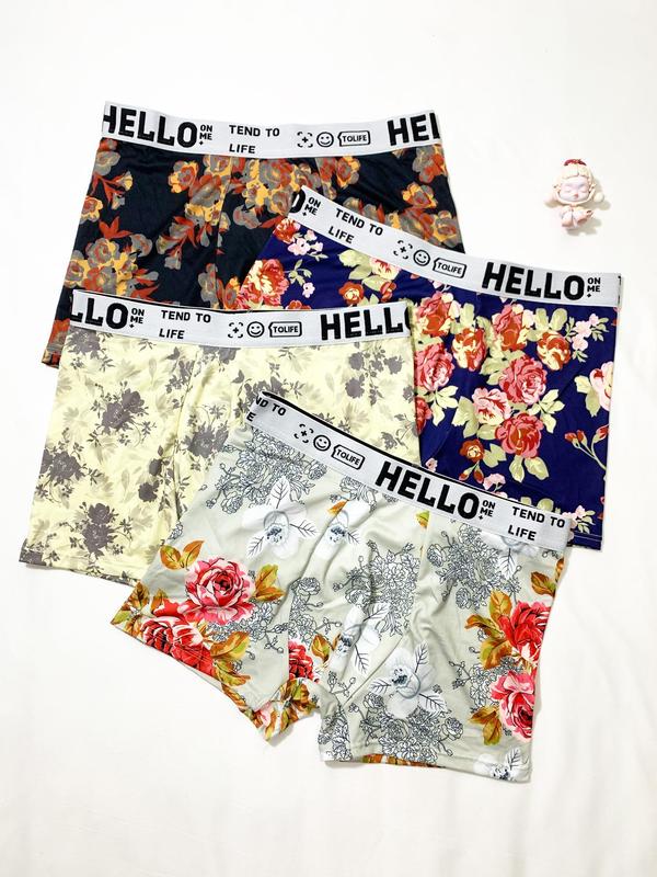 Men's Floral Print Letter Tape Boxer Brief, Breathable Comfy Underwear for Daily Wear, Casual Men's Underwear for All Seasons