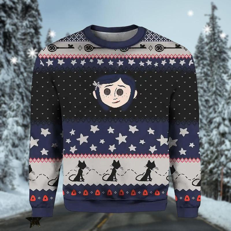 Coraline Halloween Knitted Sweater, Coraline Icons Ugly Christmas Sweater, Horror Character Woolen Sweater, Spooky Movie Sweatshirt