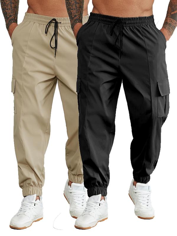  Men's Solid Drawstring Waist Cargo Pants, Casual Pocket Trousers for Daily Wear, Men's Bottoms for All Seasons