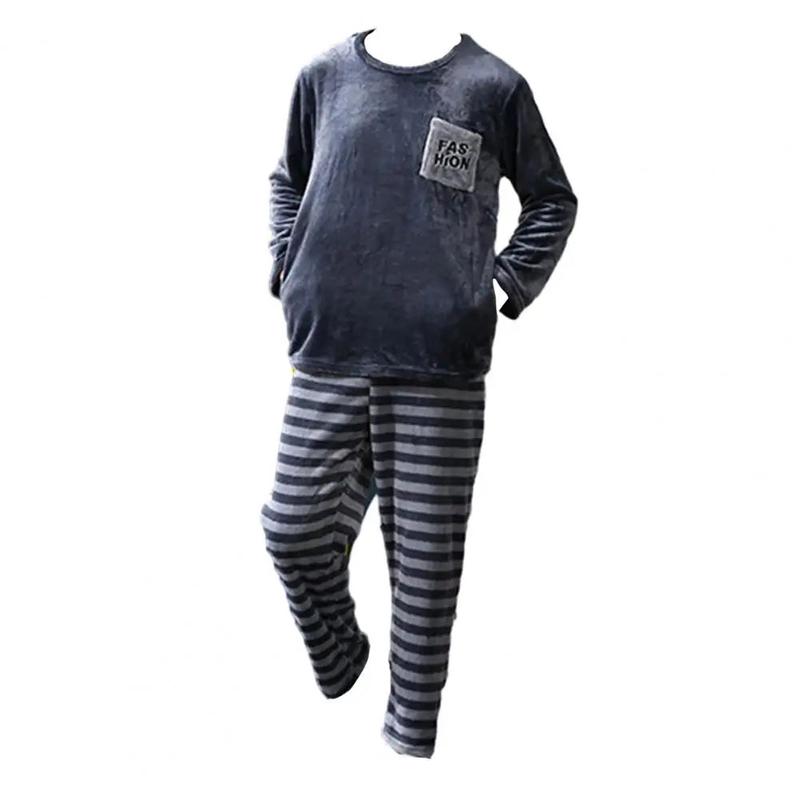 Comfortable Sleepwear Set Men's Winter Pajamas Set with Round Neck Long Sleeve Elastic Waist Soft Pockets Cozy Homewear for Cold