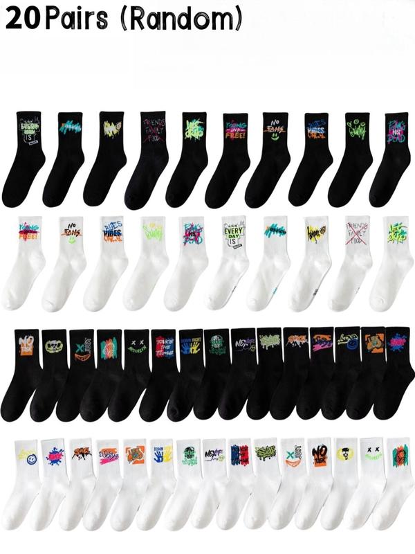 Random 20 Pairs  Unisex's  Cartoon Print Crew Socks, Casual Comfortable Breathable Socks for Daily Wear, Streetwear Socks for All Seasons