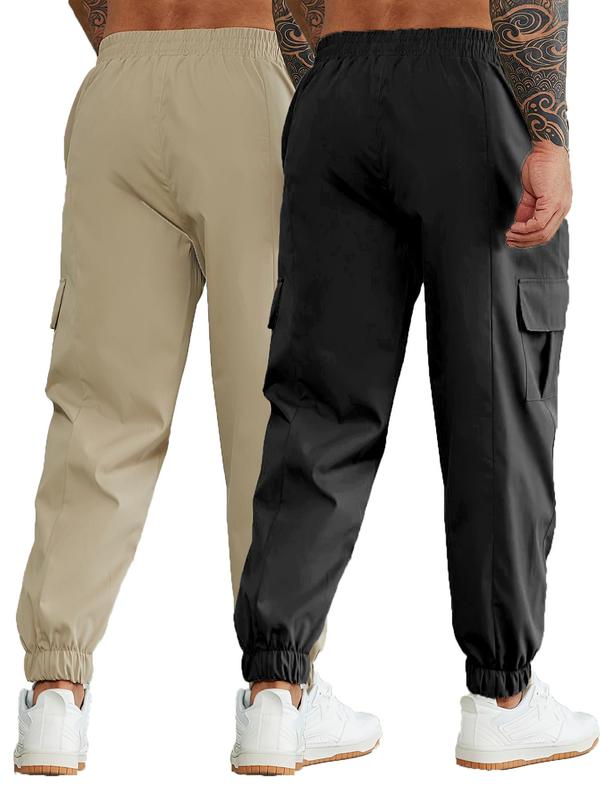  Men's Solid Drawstring Waist Cargo Pants, Casual Pocket Trousers for Daily Wear, Men's Bottoms for All Seasons