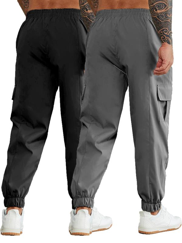  Men's Solid Drawstring Waist Cargo Pants, Casual Pocket Trousers for Daily Wear, Men's Bottoms for All Seasons