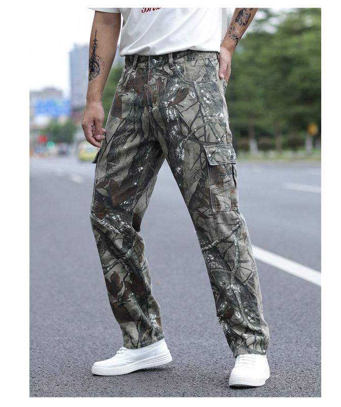 LEGND Men Allover Print Zipper Fly Cargo Jeans Camouflage Denim loose-fitting camouflage trousers