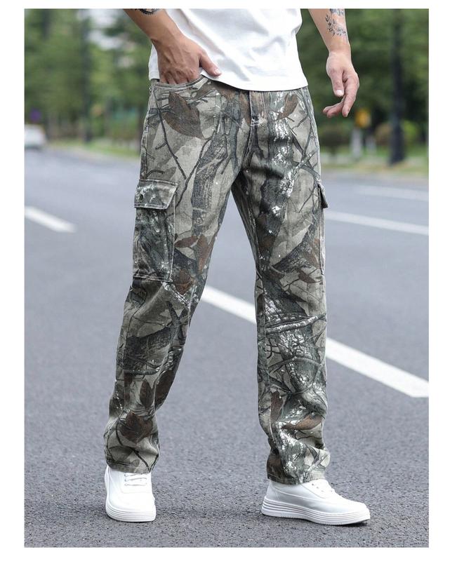 LEGND Men Allover Print Zipper Fly Cargo Jeans Camouflage Denim loose-fitting camouflage trousers