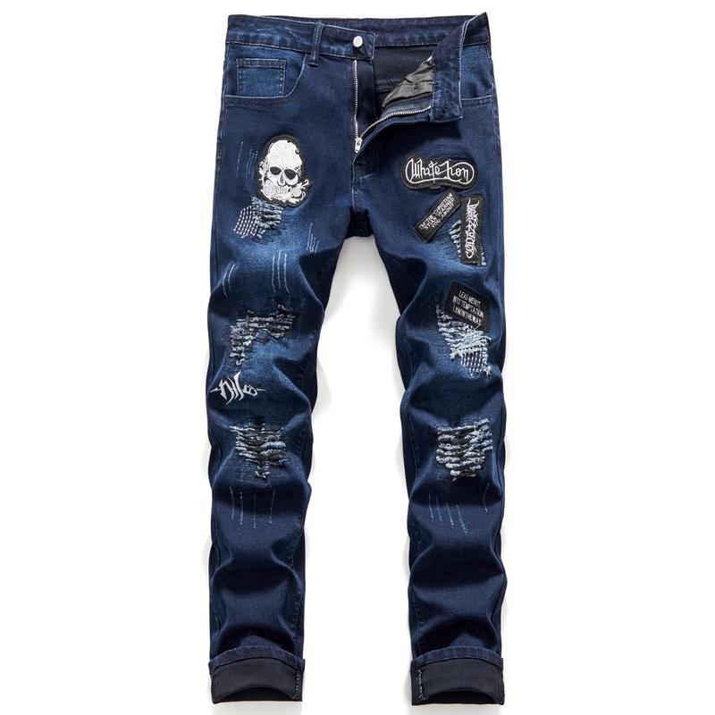 Men's Halloween Patchwork Jeans, Casual Street Style Medium Stretch Denim Pants