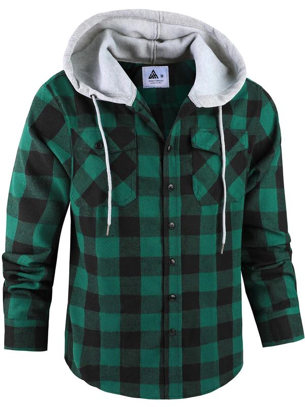 Men's Plaid Print Button Front Drawstring Hooded Shirt, Regular Fit Casual Long Sleeve Pocket Top for Daily Wear, Men's Clothes for All Seasons