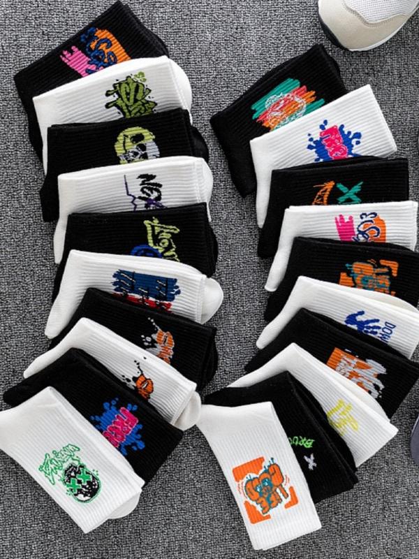 Random 20 Pairs  Unisex's  Cartoon Print Crew Socks, Casual Comfortable Breathable Socks for Daily Wear, Streetwear Socks for All Seasons