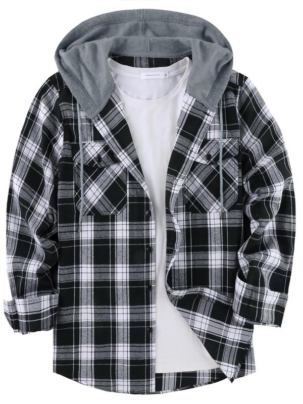 Men's Plaid Print Button Front Drawstring Hooded Shirt, Regular Fit Casual Long Sleeve Pocket Top for Daily Wear, Men's Clothes for All Seasons