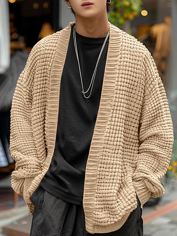 Men's Solid Drop Shoulder Long Sleeve Cardigan, Loose Casual Warm Knitwear for Fall & Winter, Men's Knit Clothing for Daily Wear