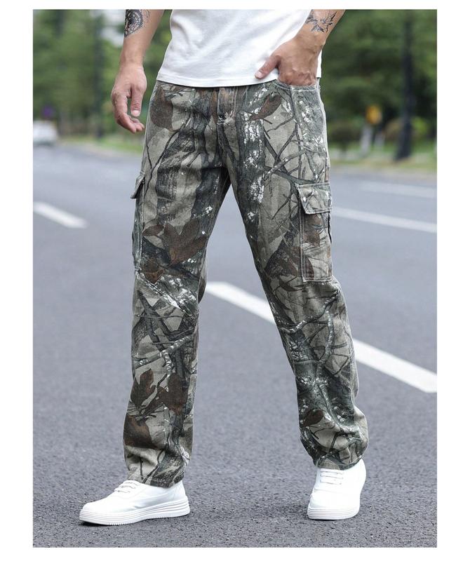 LEGND Men Allover Print Zipper Fly Cargo Jeans Camouflage Denim loose-fitting camouflage trousers