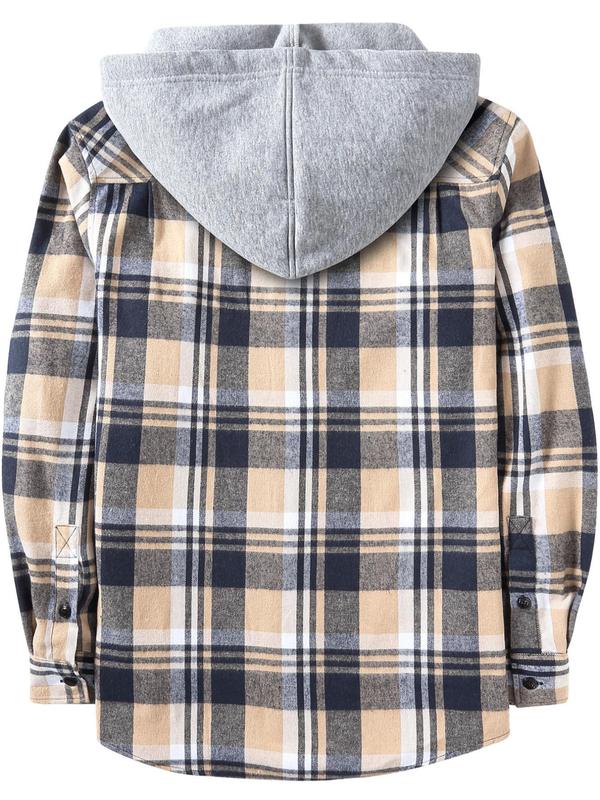 Men's Plaid Print Button Front Drawstring Hooded Shirt, Regular Fit Casual Long Sleeve Pocket Top for Daily Wear, Men's Clothes for All Seasons