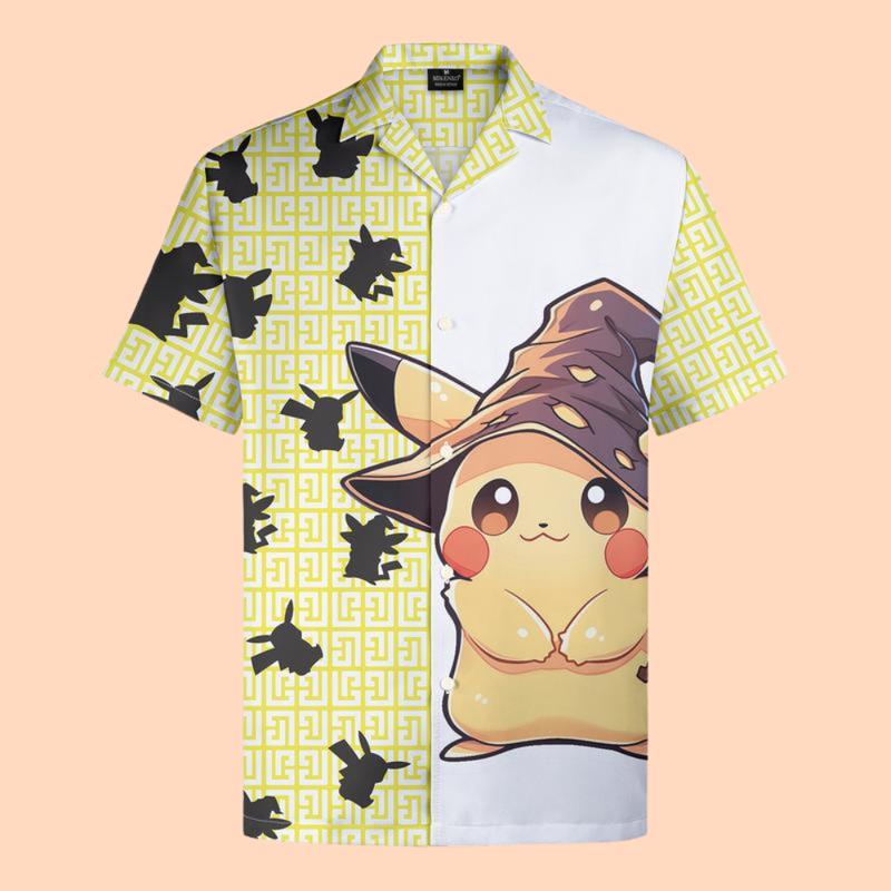 Pikachu Witch Hat Hawaiian Shirt, Hawaiian shirt with spooky Pokemon motifs, Halloween Gift, Chrismast Gift Collar Menswear