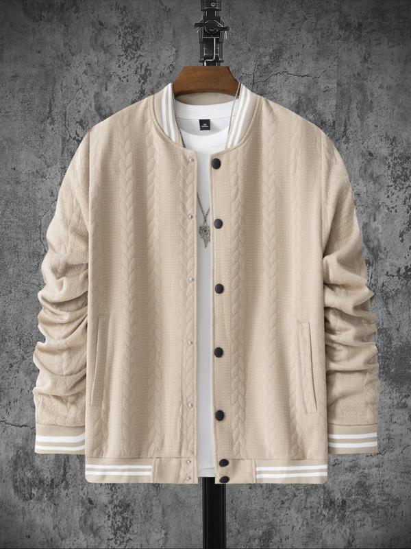 Men's Striped Print Textured Button Front Varsity Jacket, Regular Fit Casual Pocket Mock Neck Long Sleeve Outerwear for Fall & Winter, Men's Clothes for Daily Wear