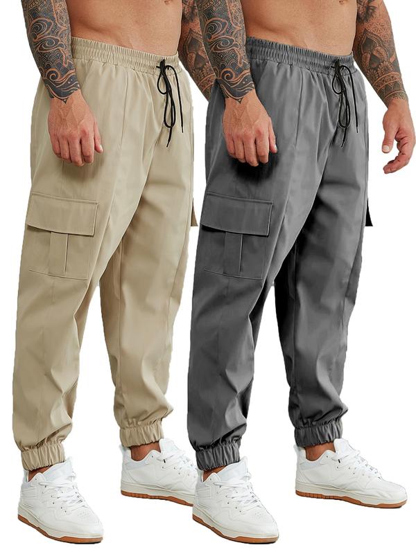  Men's Solid Drawstring Waist Cargo Pants, Casual Pocket Trousers for Daily Wear, Men's Bottoms for All Seasons