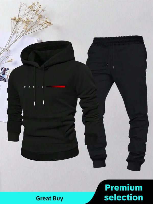 Men's Letter Print Drop Shoulder Hoodie & Drawstring Waist Sweatpants Two-piece Set, Regular Fit Fashion Casual Cozy Breathable Two Piece Outfits for Daily Outdoor Wear, Men Clothes for Fall & Winter