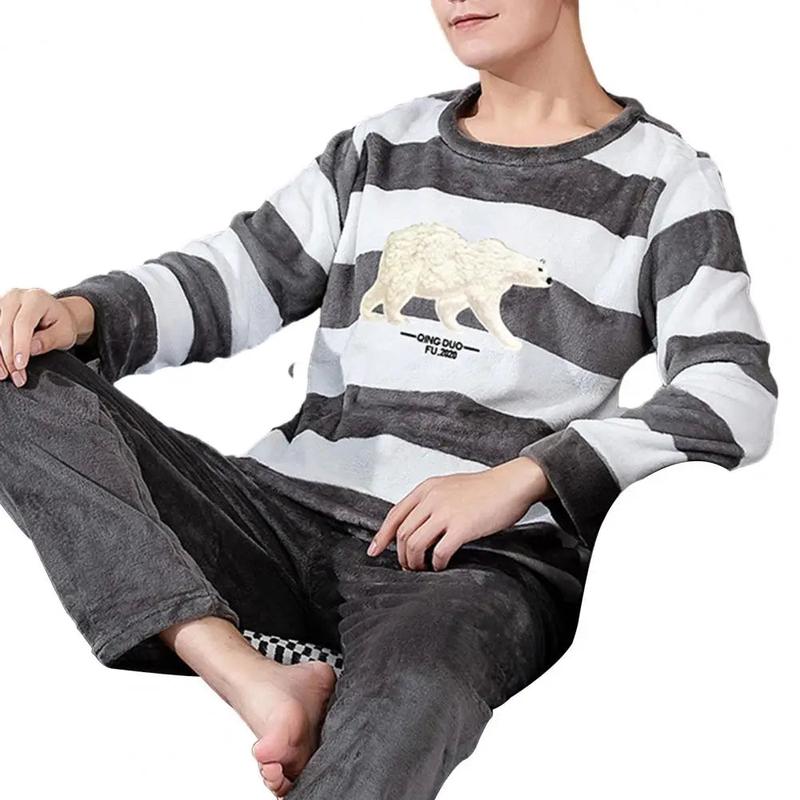 Comfortable Sleepwear Set Men's Winter Pajamas Set with Round Neck Long Sleeve Elastic Waist Soft Pockets Cozy Homewear for Cold