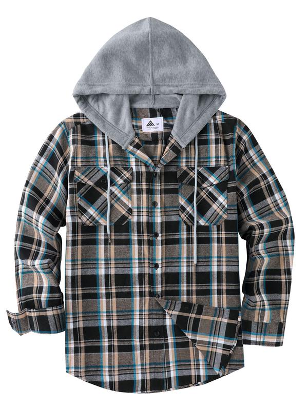 Men's Plaid Print Button Front Drawstring Hooded Shirt, Regular Fit Casual Long Sleeve Pocket Top for Daily Wear, Men's Clothes for All Seasons