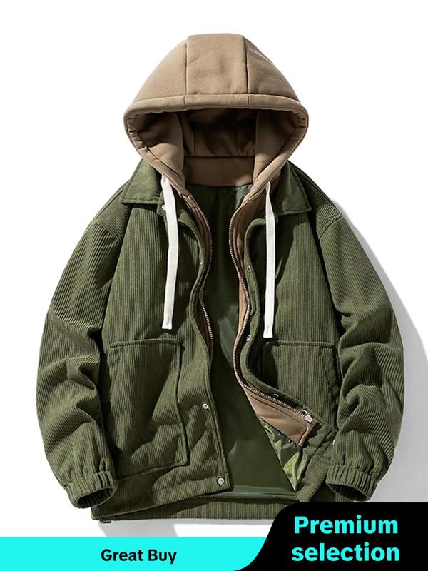 Men's Colorblock Drawstring Corduroy Hooded Winter Jacket, Fashion Streetwear Pocket Zipper Outerwear for Men, Men's Clothing for Fall & Winter, Men Designer Clothes, Cold Weather Gear, Fall Outfits 2024, Boyfriend Gifts