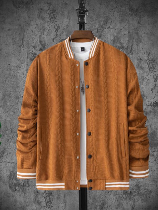 Men's Striped Print Textured Button Front Varsity Jacket, Regular Fit Casual Pocket Mock Neck Long Sleeve Outerwear for Fall & Winter, Men's Clothes for Daily Wear