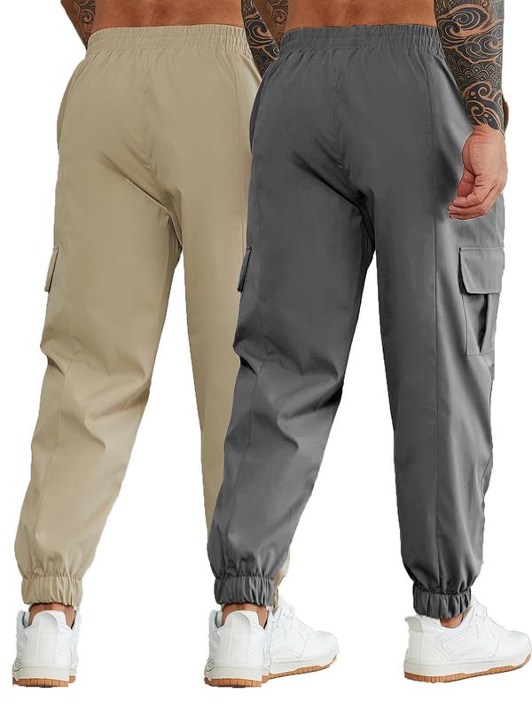  Men's Solid Drawstring Waist Cargo Pants, Casual Pocket Trousers for Daily Wear, Men's Bottoms for All Seasons