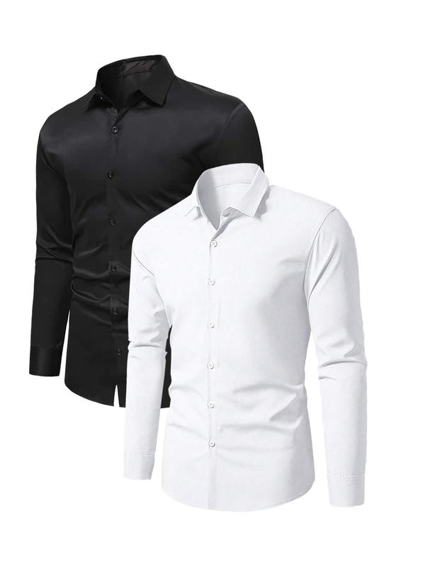 Men's Solid Long Sleeve Button Front Shirt, Business Formal Shirt for Work Office, Men's Top for All Seasons