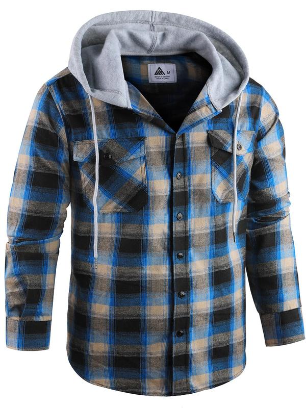 Men's Plaid Print Button Front Drawstring Hooded Shirt, Regular Fit Casual Long Sleeve Pocket Top for Daily Wear, Men's Clothes for All Seasons