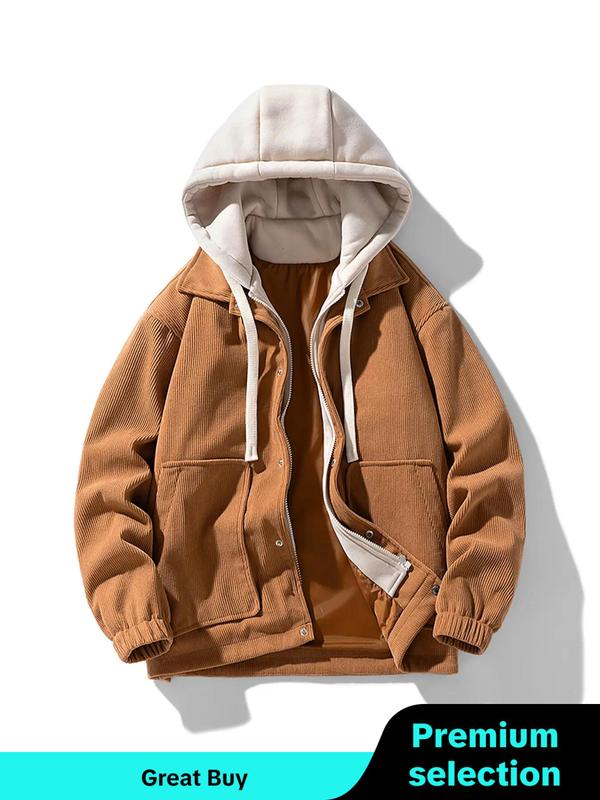 Men's Colorblock Drawstring Corduroy Hooded Winter Jacket, Fashion Streetwear Pocket Zipper Outerwear for Men, Men's Clothing for Fall & Winter, Men Designer Clothes, Cold Weather Gear, Fall Outfits 2024, Boyfriend Gifts