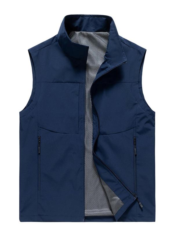 Men's Solid Pocket Zipper Funnel Neck Vest Jacket, Regular Fit Casual Sleeveless Outerwear for Spring & Fall, Men's Clothes for Daily Wear